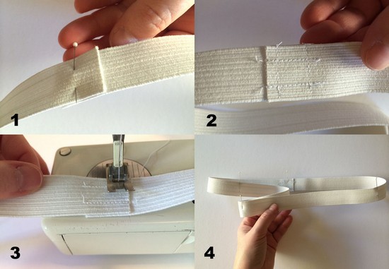 Сшиваем резинку и расставляем 4 булавки через равные промежутки
