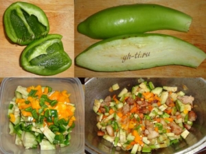 Режем баклажан и перец и добавляем к обжаренным мясу, луку и моркови